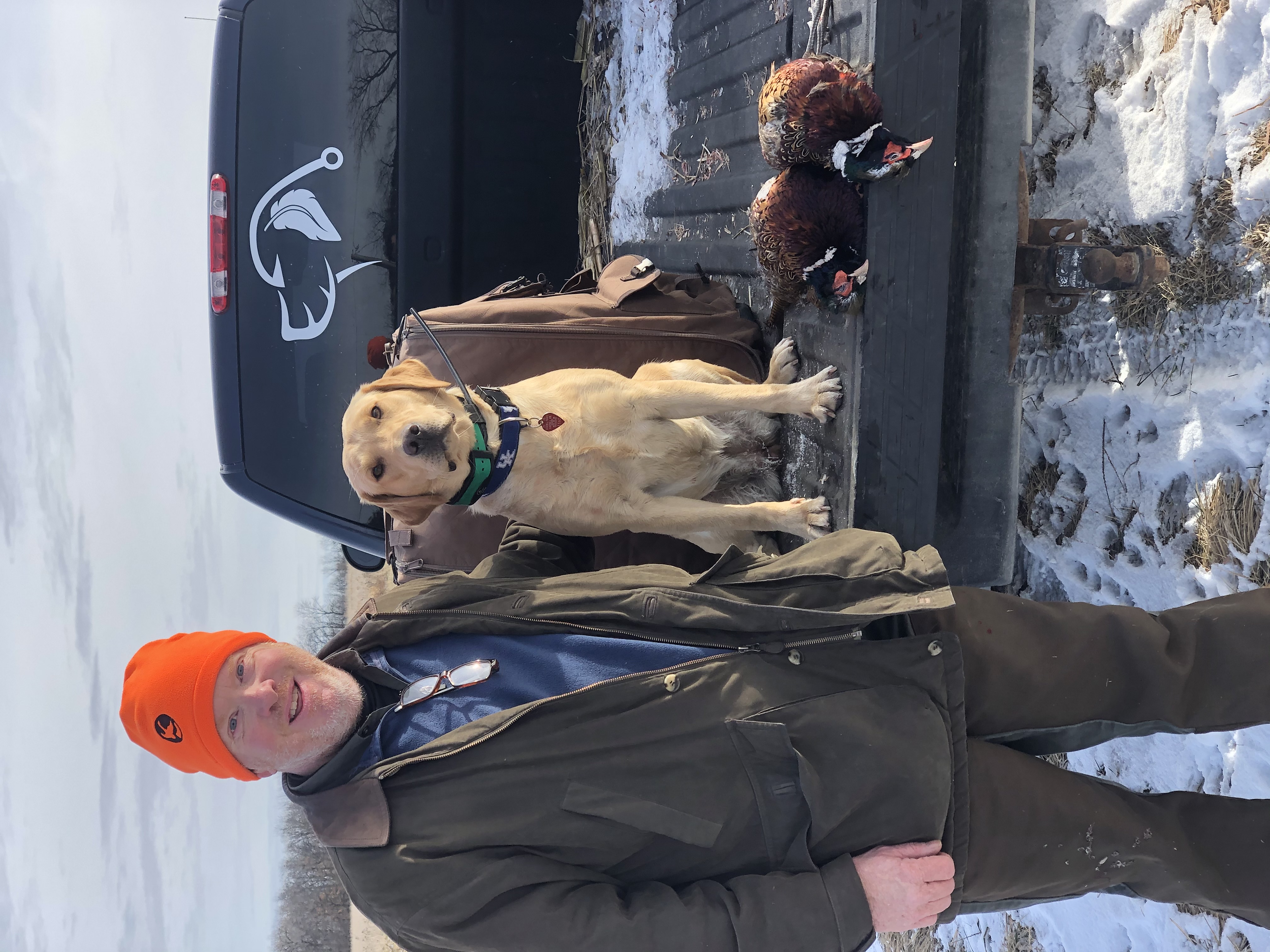 Hunter with trained yellow lab and pheasants